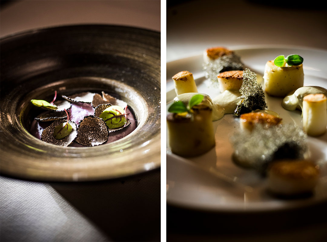 Parmentier de joue de boeuf aux pommes de terre vitelottes et truffes et Saint-Jacques, topinambours et chips d'algues © Pascal Bastien