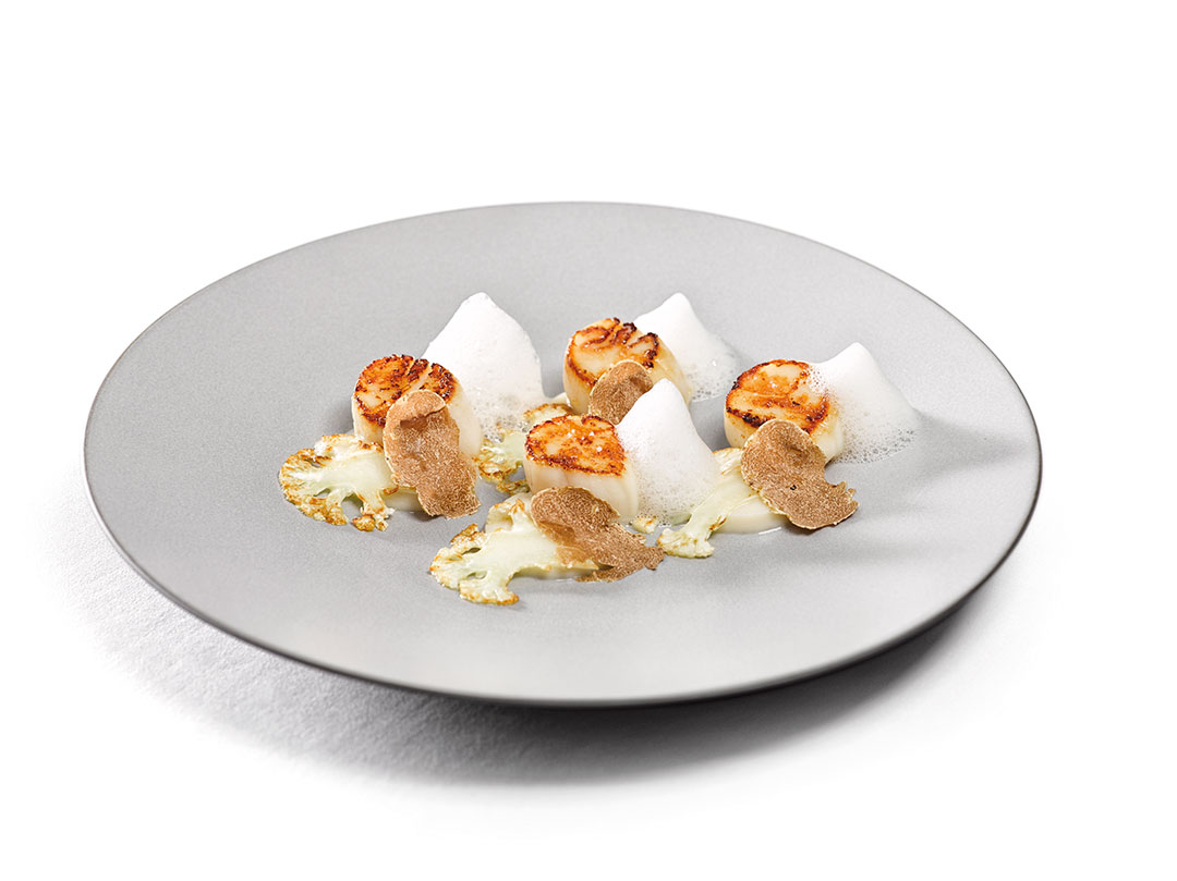 Zut - recette Noix de coquilles Saint-Jacques, chou-fleur en deux textures, truffe blanche d’Alba et écume au Culatello