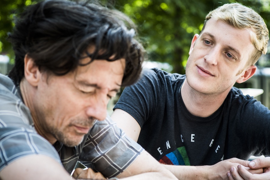 Stanislas Nordey, comédien, metteur en scène français. directeur du Théâtre national de Strasbourg et Édouard Louis, écrivain, discussion autour du texte "Qui a tué mon père". Strasbourg, 16 juin 2018 © Pascal Bastien