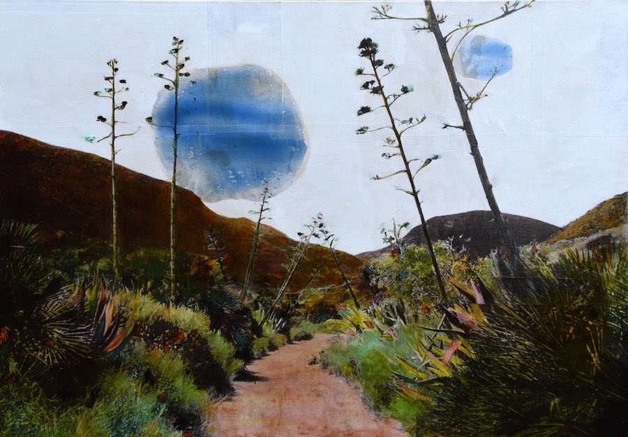 Tableau Paradise Valley de Ayline Olukman, présenté à la galerie Bertrand Gillig. Composé d'un chemin partant vers l'horizon, encadré par deux surplomb de verdure, quelques conifères asséchés, et un ciel bleu pâle, avec deux gros nuages ronds. ©Galerie Bertrand Gillig